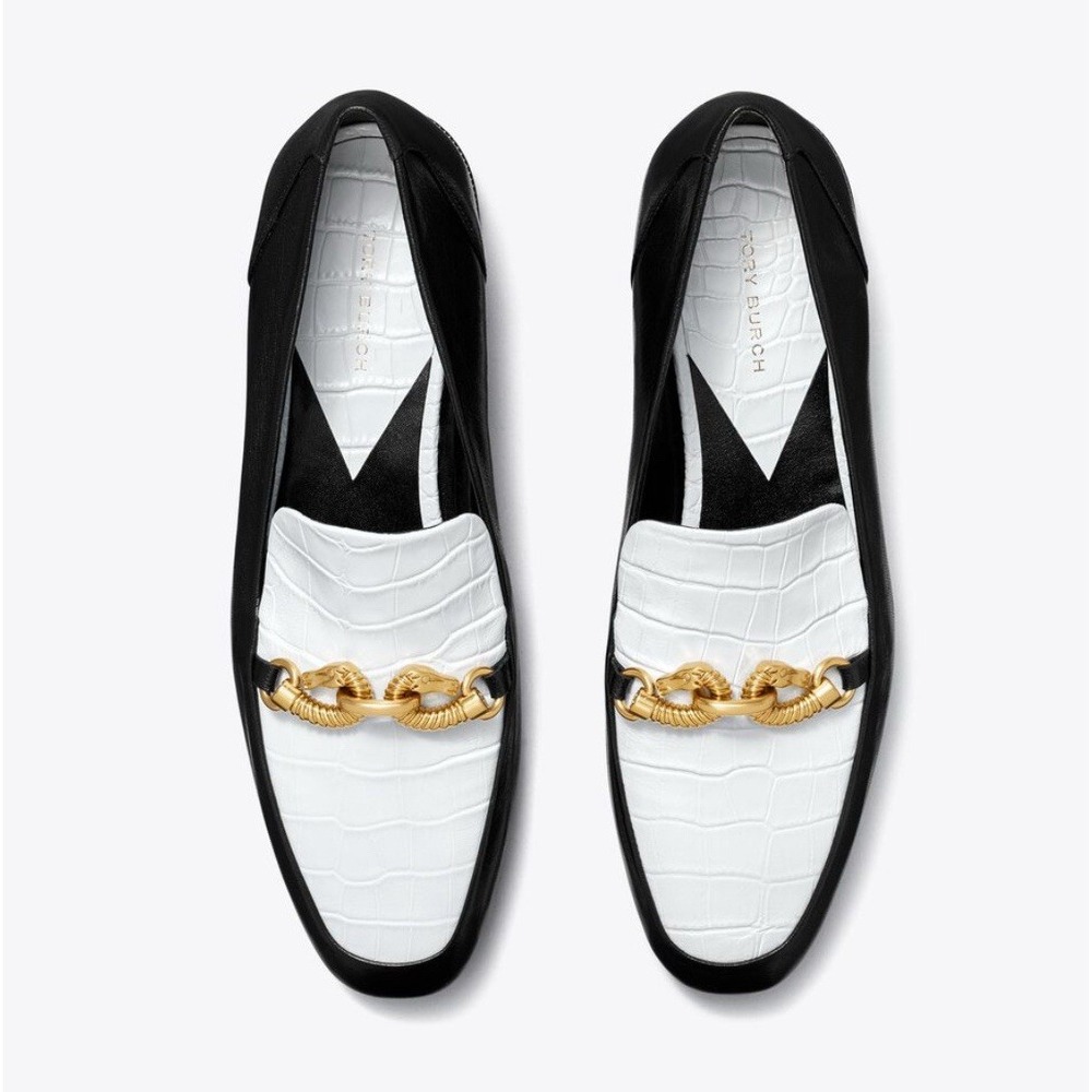 Tory Burch Jessa Heeled Croc Embossed Leather Loafer Gardenia Black 9.5‎ 398$